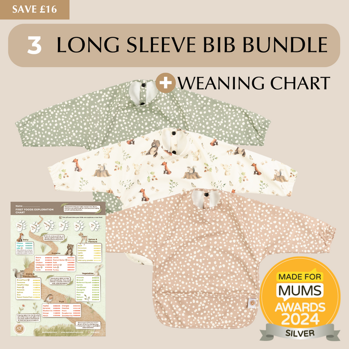 Weaning set bundle including wipe-clean long sleeve bibs  by Azebabydream
