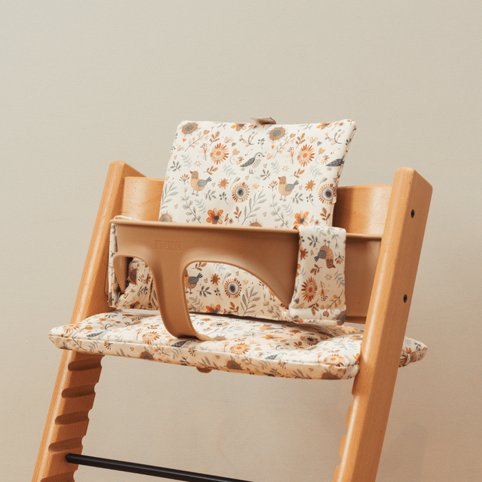 Stokke highchairs with wipe-clean cushion in boho birds print by AZEbabydream