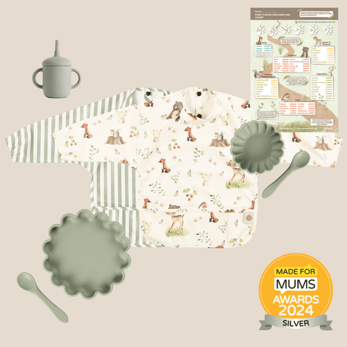 Weaning set bundle including wipe-clean long sleeve bib, suction baby plate and bowl by Azebabydream