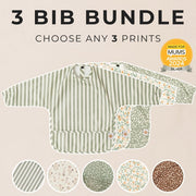 Three long sleeve bibs from AZEbabydream's 3 bib bundle, wipe-clean coverall bibs in mix-and-match prints