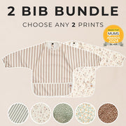 Two long sleeve bibs from AZEbabydream's 2 bib bundle, wipe-clean coverall style in mix-and-match prints