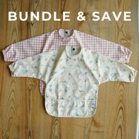 Peach Gingham and Stripe Meadow long sleeve bib bundle for baby weaning