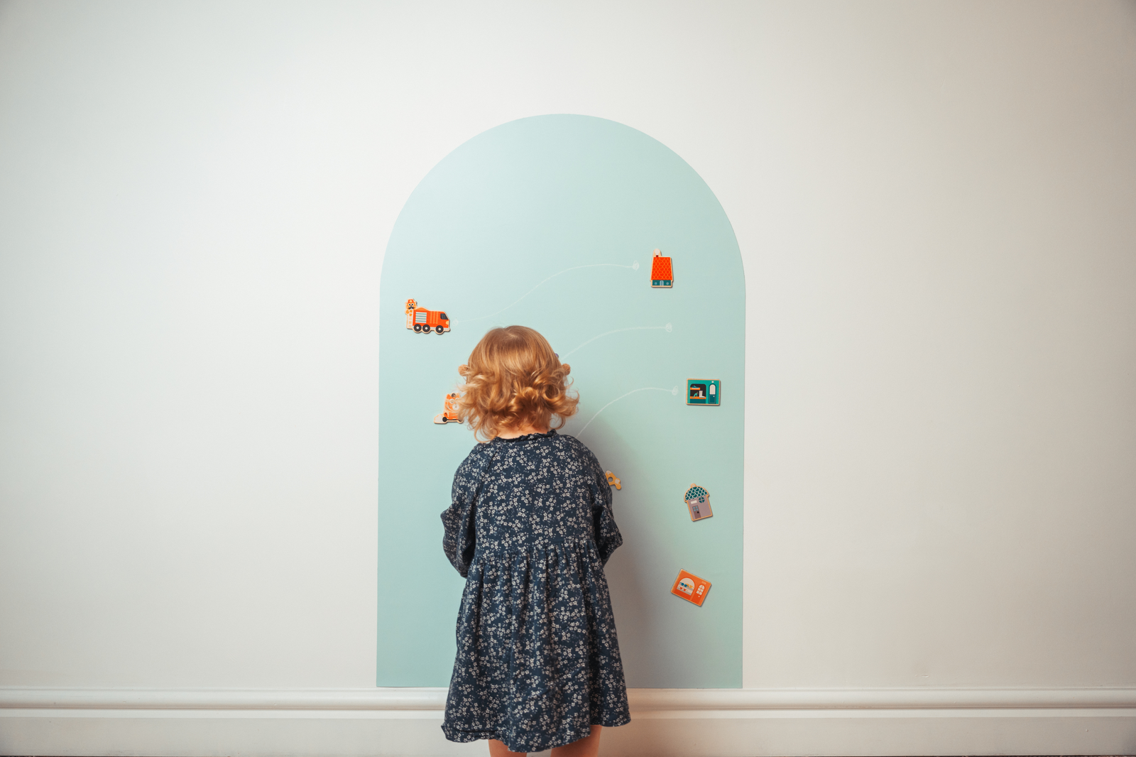 Baby playing with Blue Magnetic chalkboard in arch shape by AZEbabydream  
