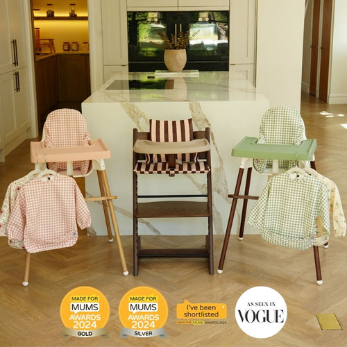 IKEA Antilop and Stokke Tripp Trapp highchairs styled with AZEbabydream highchair accessories and long sleeve bibs