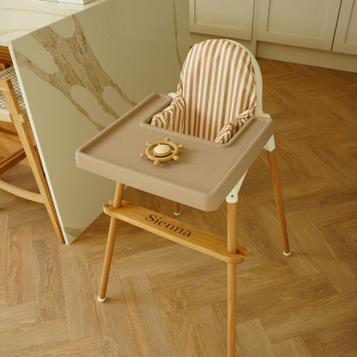 IKEA Antilop highchair styled with AZEbabydream footrest, cushion, placemat and matching highchair accessories
