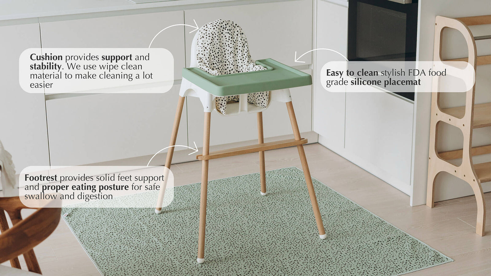 IKEA Antilop highchair with sage green silicone placemat, wipe-clean cushion, natural oak footrest and leg wraps  by AZEbabydream