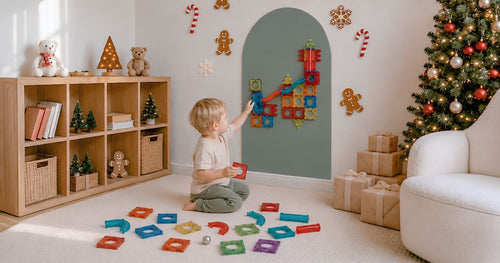 Toddler playing with magnetic tiles on a magnetic chalkboard wall