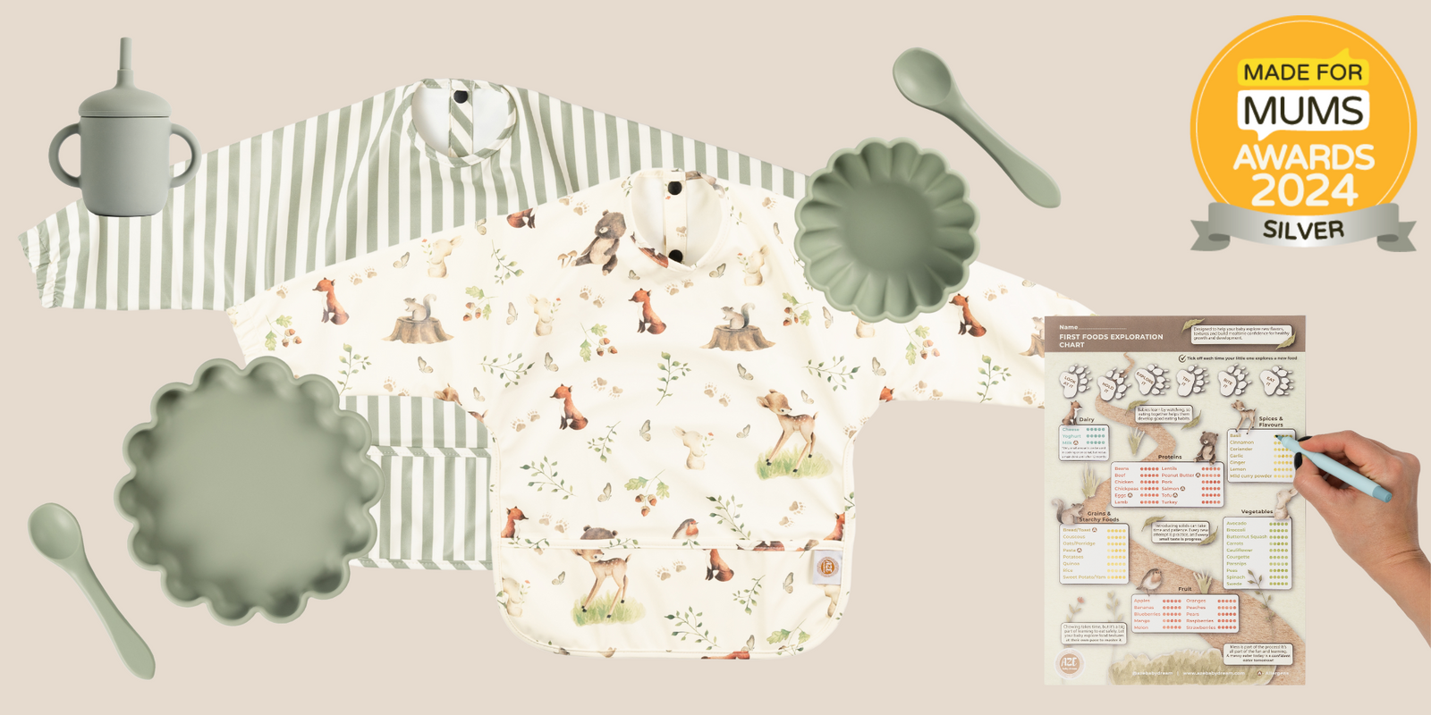 Weaning set bundle including wipe-clean long sleeve bib, suction baby plate, bowl and sippy cup by Azebabydream