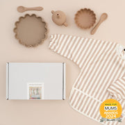 My First 4 Piece Weaning Set Sand – silicone feeding set flatlay