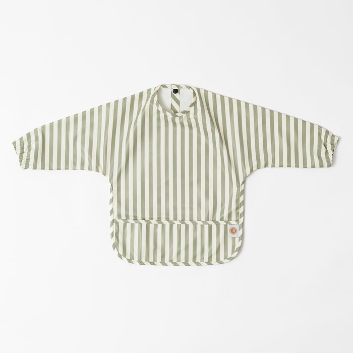 Weaning Wipe clean long sleeve bib in sage stripe print by azebABYDREAm 