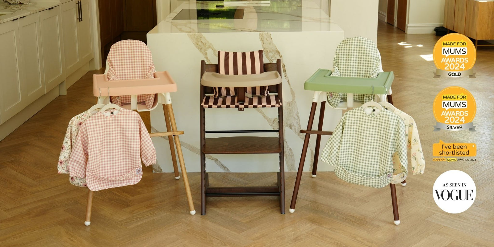 IKEA Antilop and Stokke Tripp Trapp highchairs styled with AZEbabydream highchair accessories and long sleeve bibs