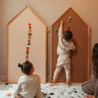 Kids playing with Pink and Sashay sand Magnetic chalkboard in house shape wooden frame from ash wood by azebABYDREAm 