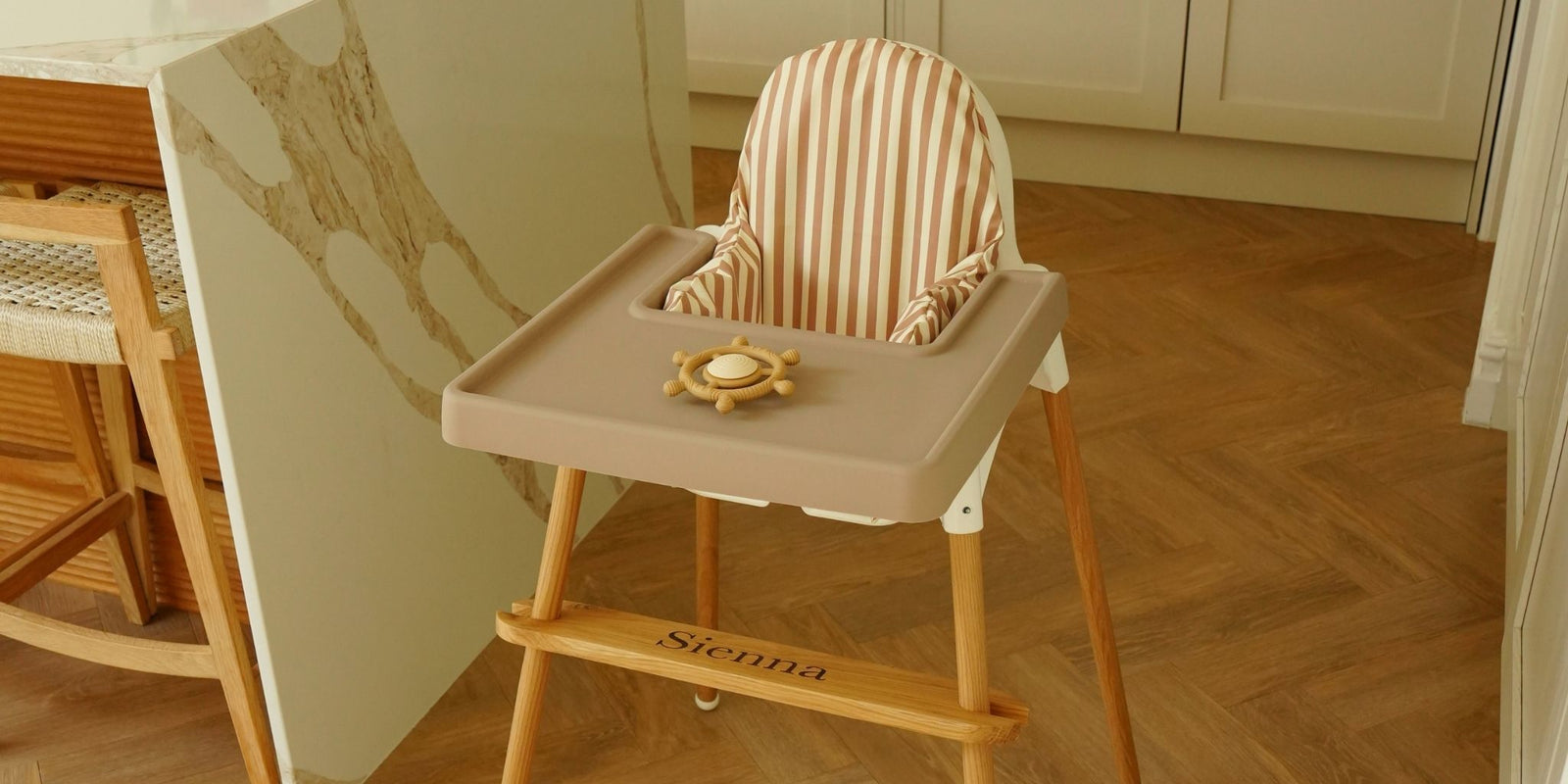 IKEA Antilop highchair styled with AZEbabydream footrest, cushion, placemat and matching highchair accessories