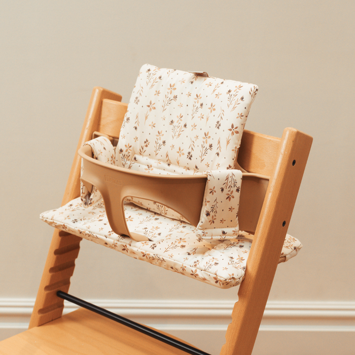 Stokke highchairs with wipe-clean cushion in brown wildflowers print by AZEbabydream 