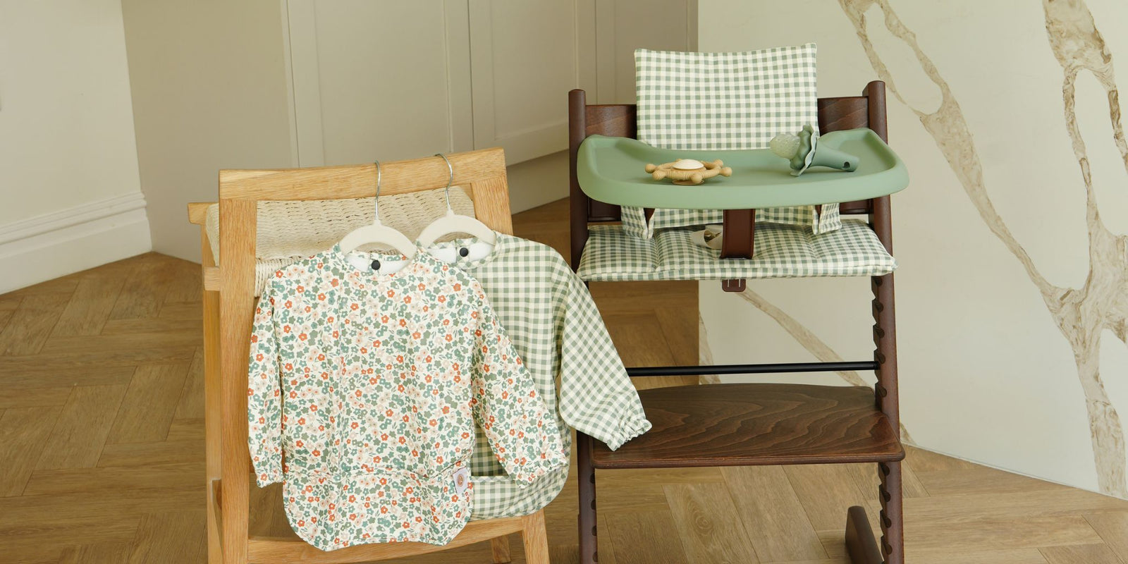 Stokke Tripp Trapp highchair styled with AZEbabydream cushion, placemat and matching long sleeve bibs