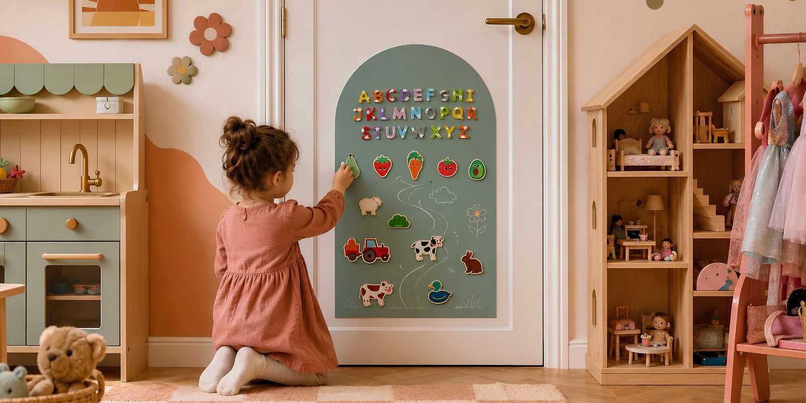 Girl playing with an AZEbabydream magnetic chalkboard wall sticker using magnetic tiles and drawing accessories