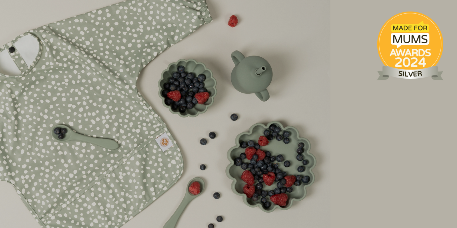 Sage green Weaning set bundle including wipe-clean long sleeve bib, suction baby plate and bowl by Azebabydream