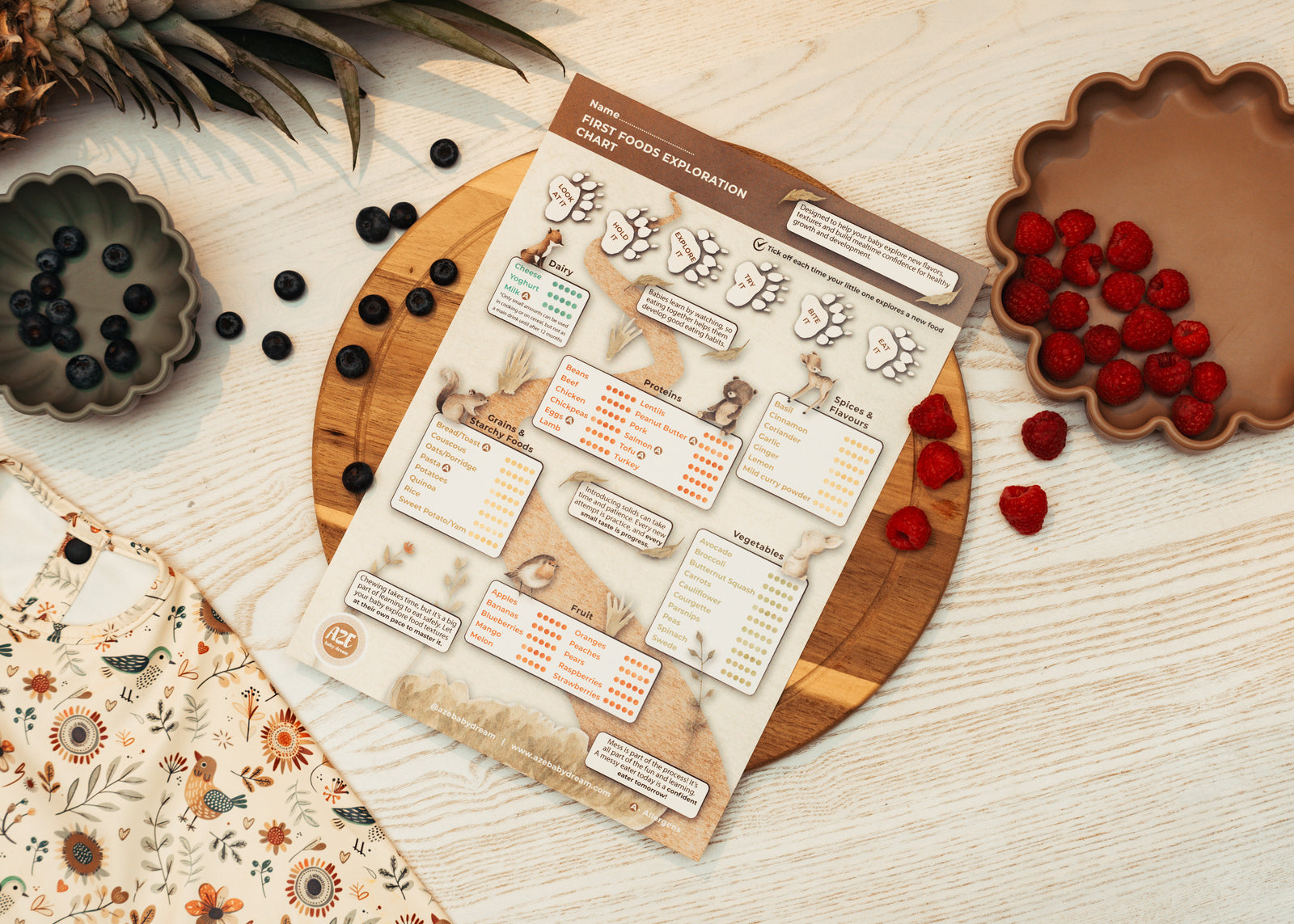 Weaning chart and wipe clean long sleeve bib by AZEbabydream on a chopping board