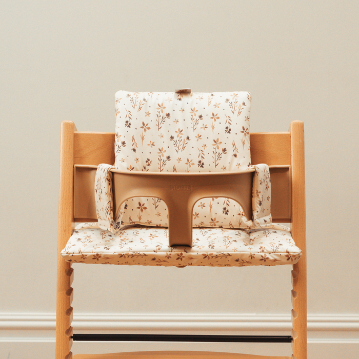 Stokke highchairs with wipe-clean cushion in brown wildflowers print by AZEbabydream 