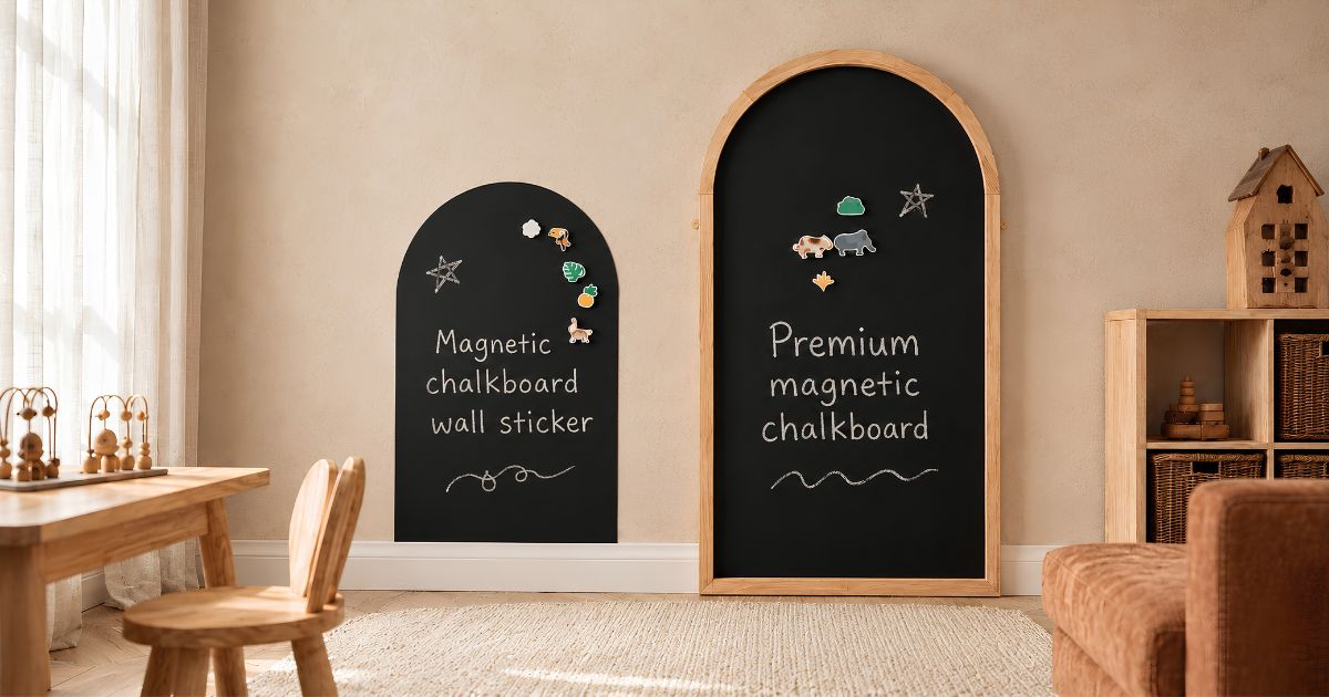 Magnetic wall sticker vs premium wooden chalkboard in stylish children’s playrooms