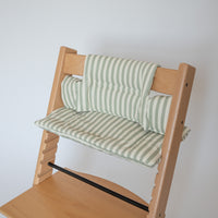 Stokke highchairs with wipe-clean cushion in sage stripe print by AZEbabydream 