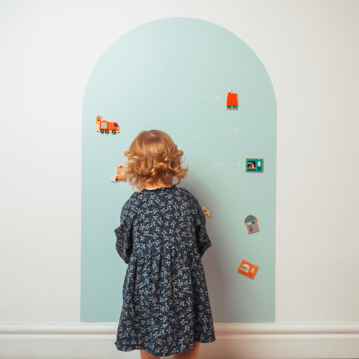 Baby playing with Blue Magnetic chalkboard in arch shape by AZEbabydream  