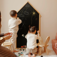 Kids playing with Black Magnetic chalkboard in house shape wooden frame from ash wood by azebABYDREAm 